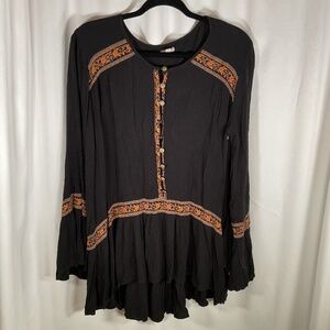 Urban Outfitters Ecote Festival Patterned Bell Sleeve Tunic Top Black Peasant Sm